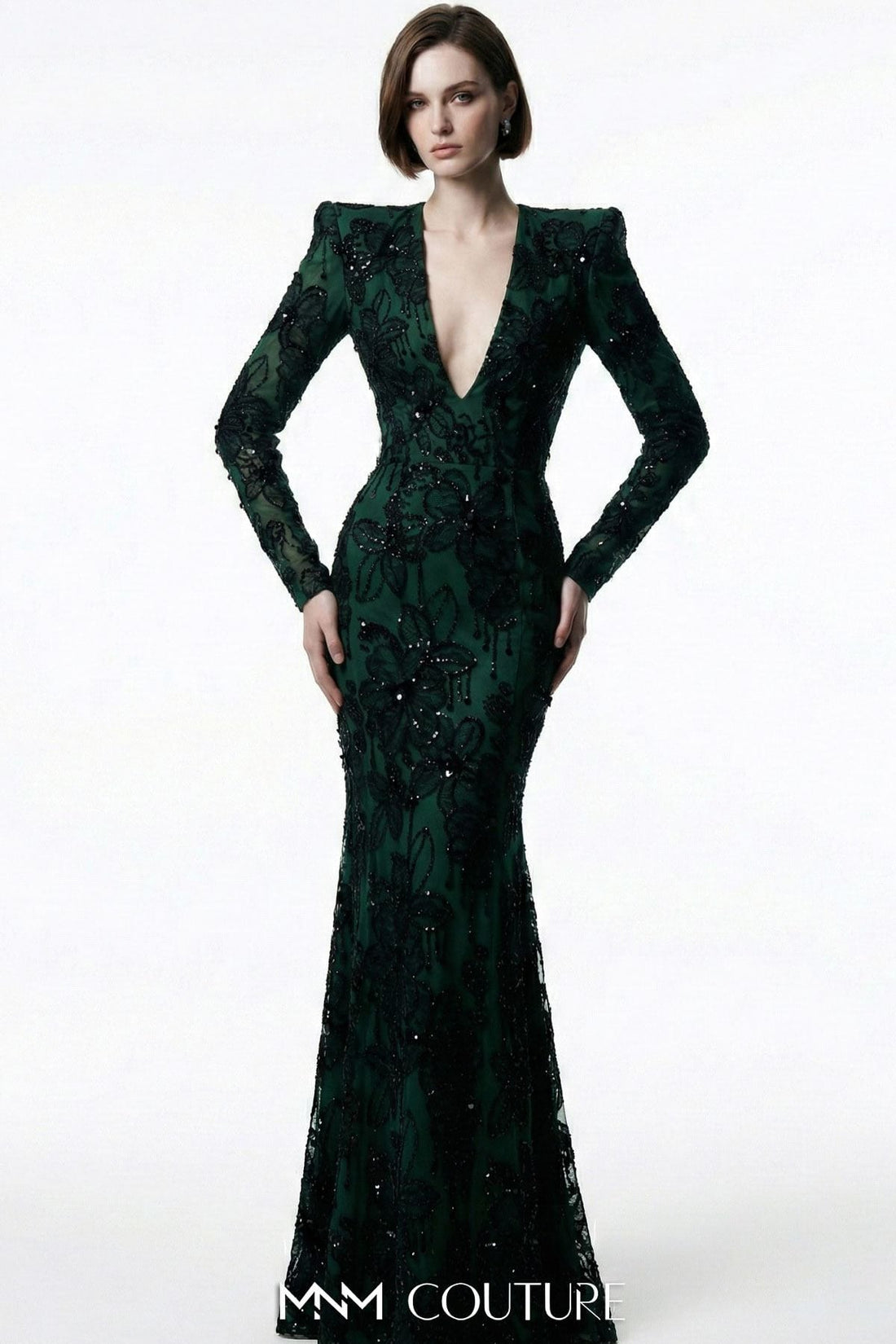 MNM Couture F03021 – Mermaid Evening Gown with Beading & Plunging Neckline