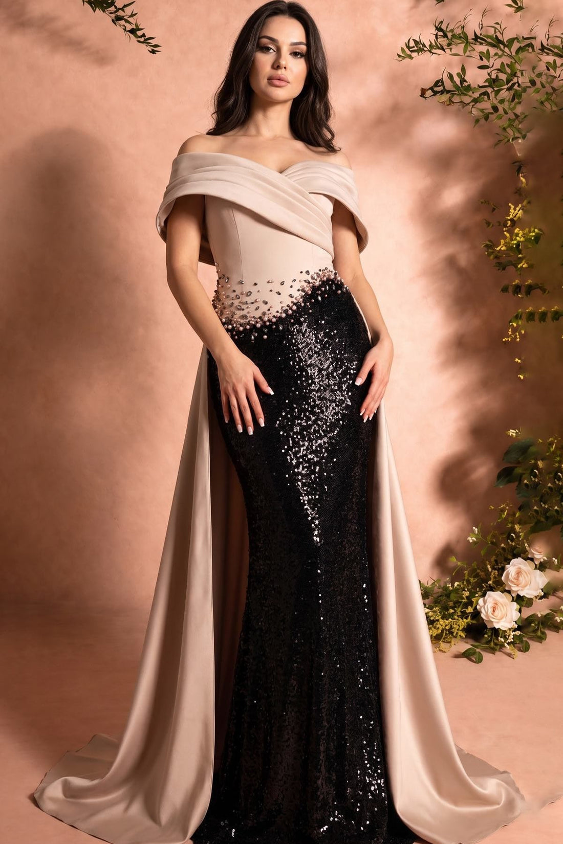 MNM Couture O07834 – Off-Shoulder Mermaid Gown with Beaded Train