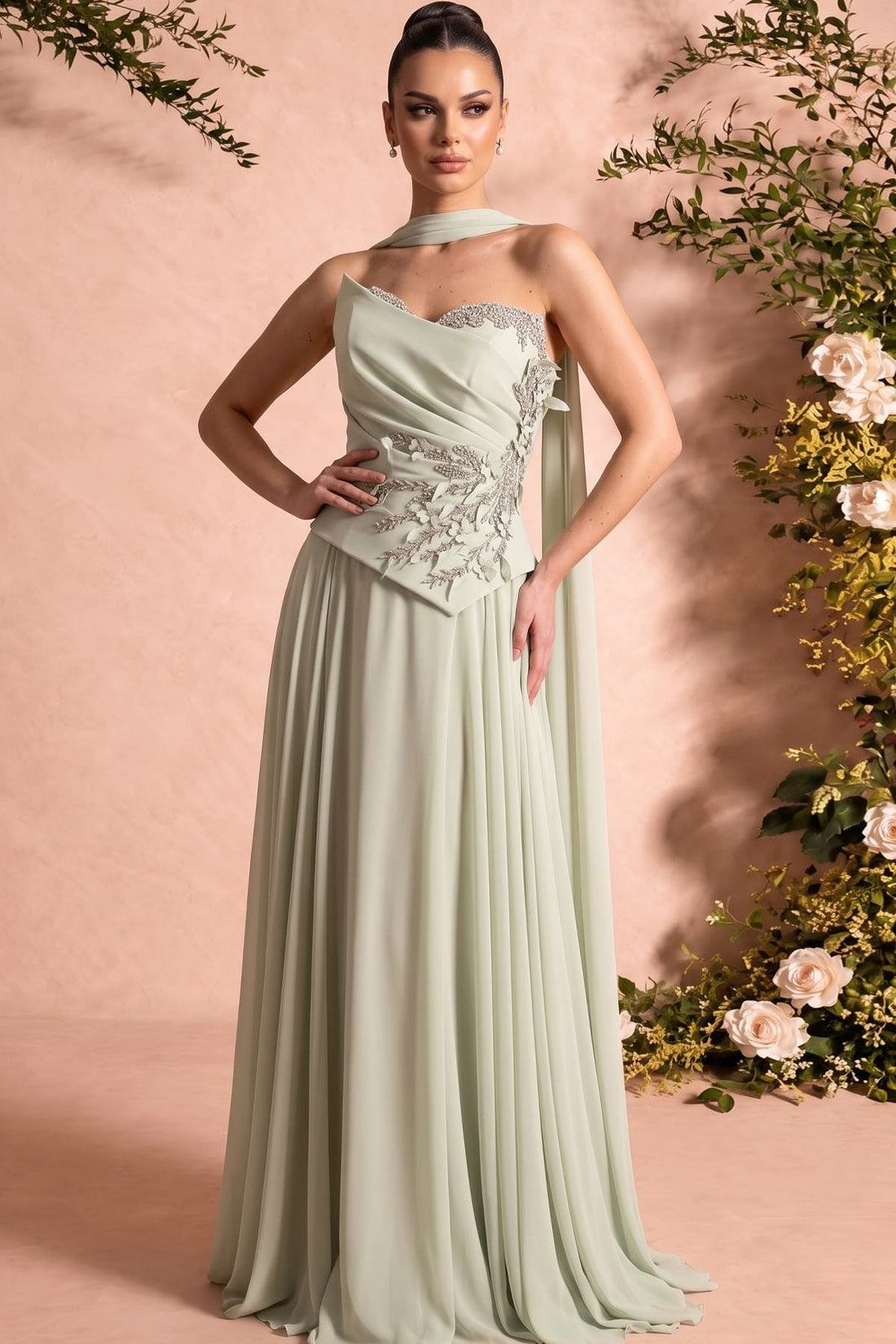 MNM Couture O07856 – A-Line Chiffon Gown with Beaded Applique