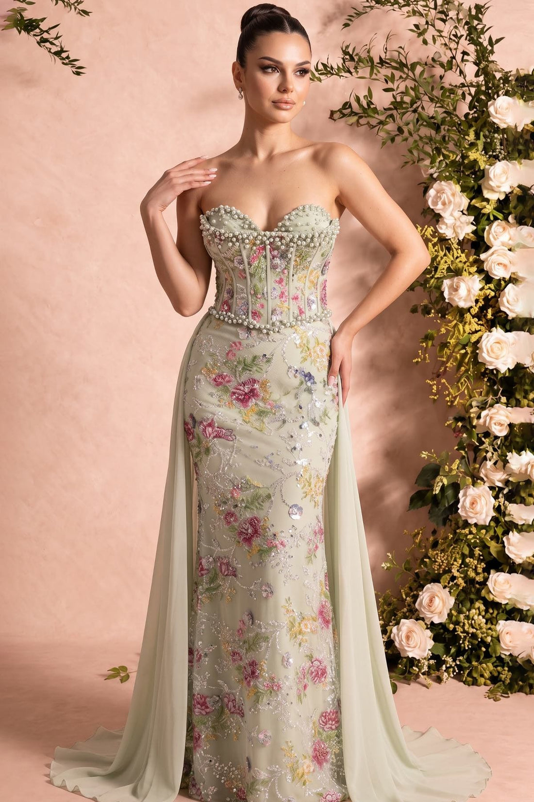 MNM Couture O07858 – Strapless Beaded Mermaid Gown with Corset Back