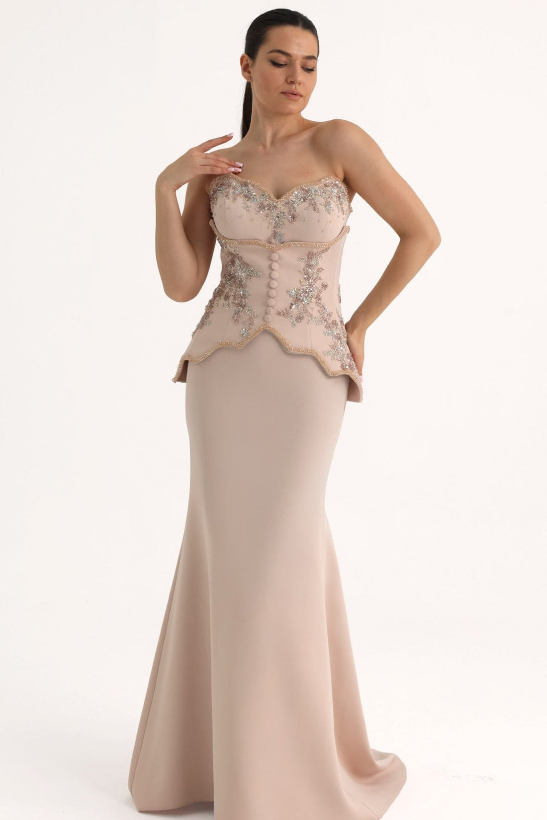 MNM Couture O07796 – Mermaid Gown with Beaded Embroidery & Peplum