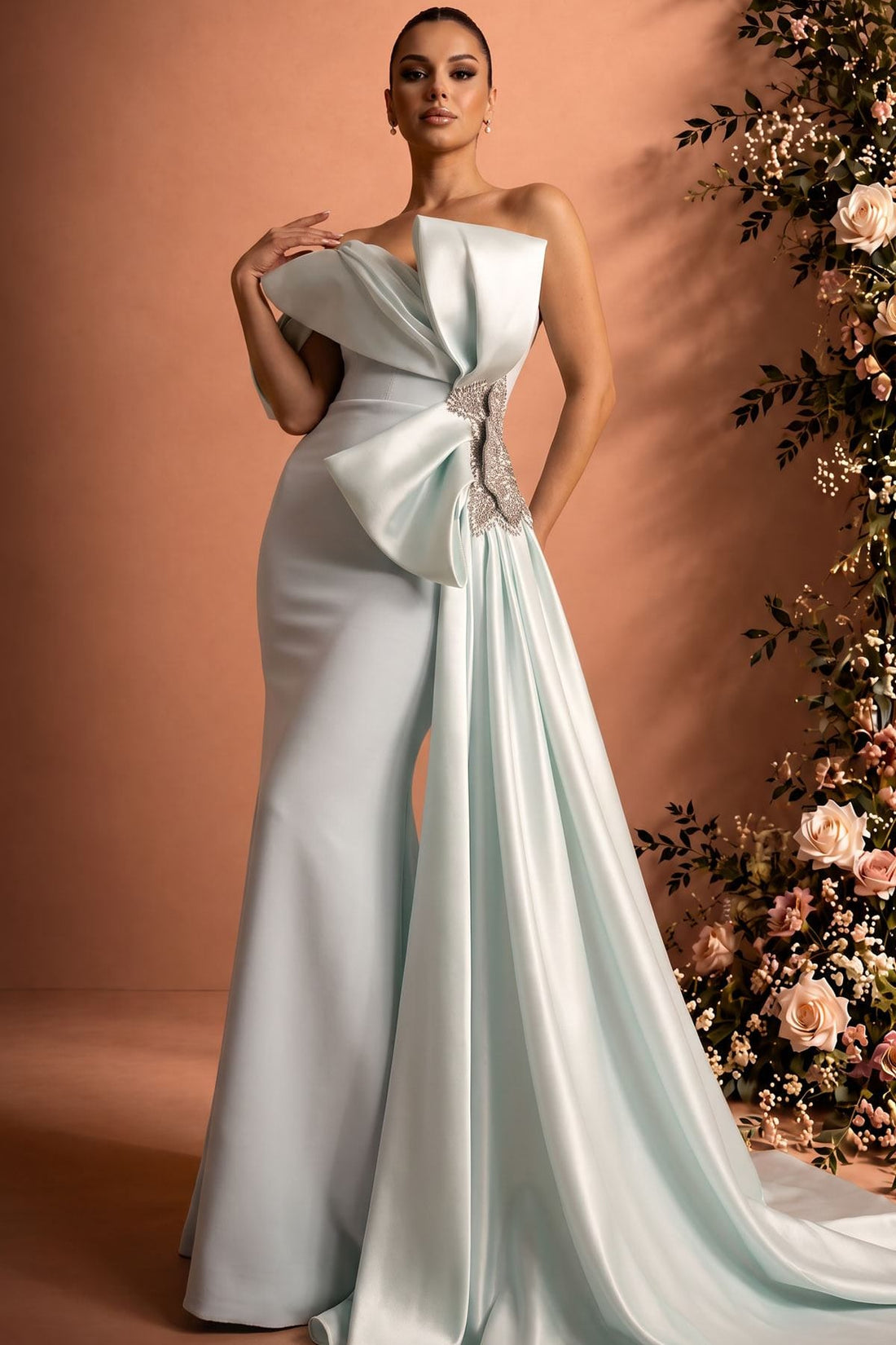 MNM Couture O07802 – Mermaid Satin Gown with Beaded Bow Train