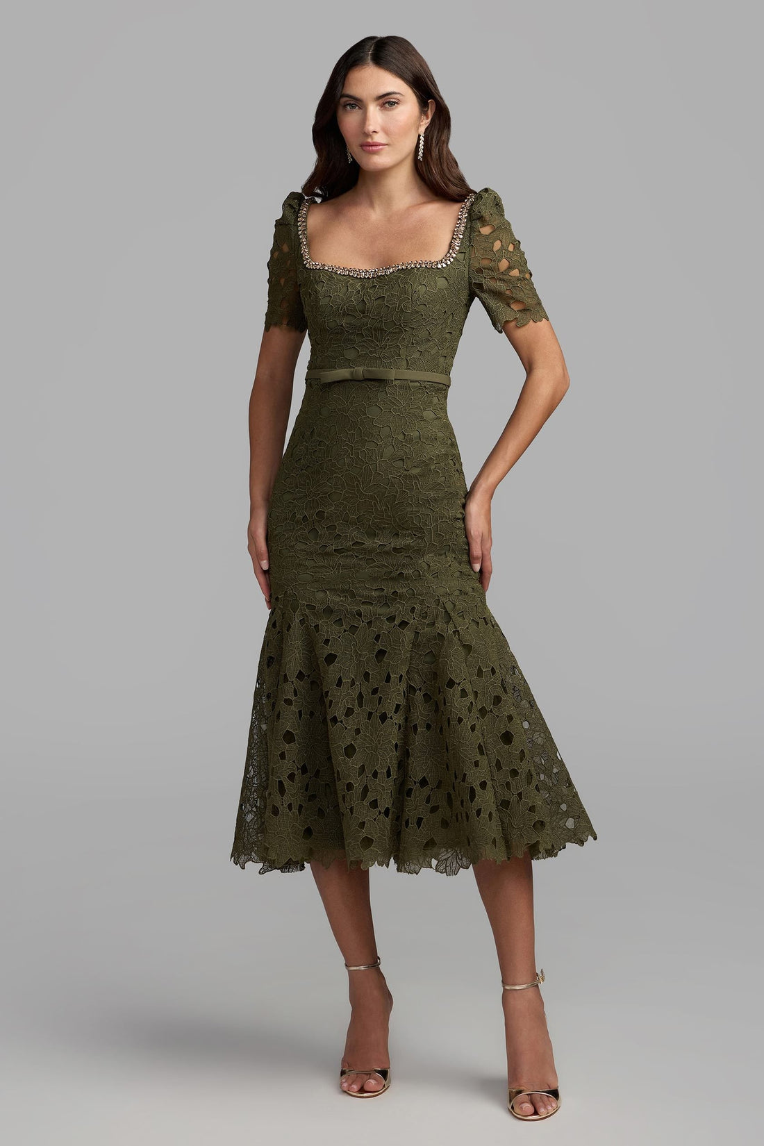 Mac Duggal 21397 – Midi Lace Dress with Beaded Neckline