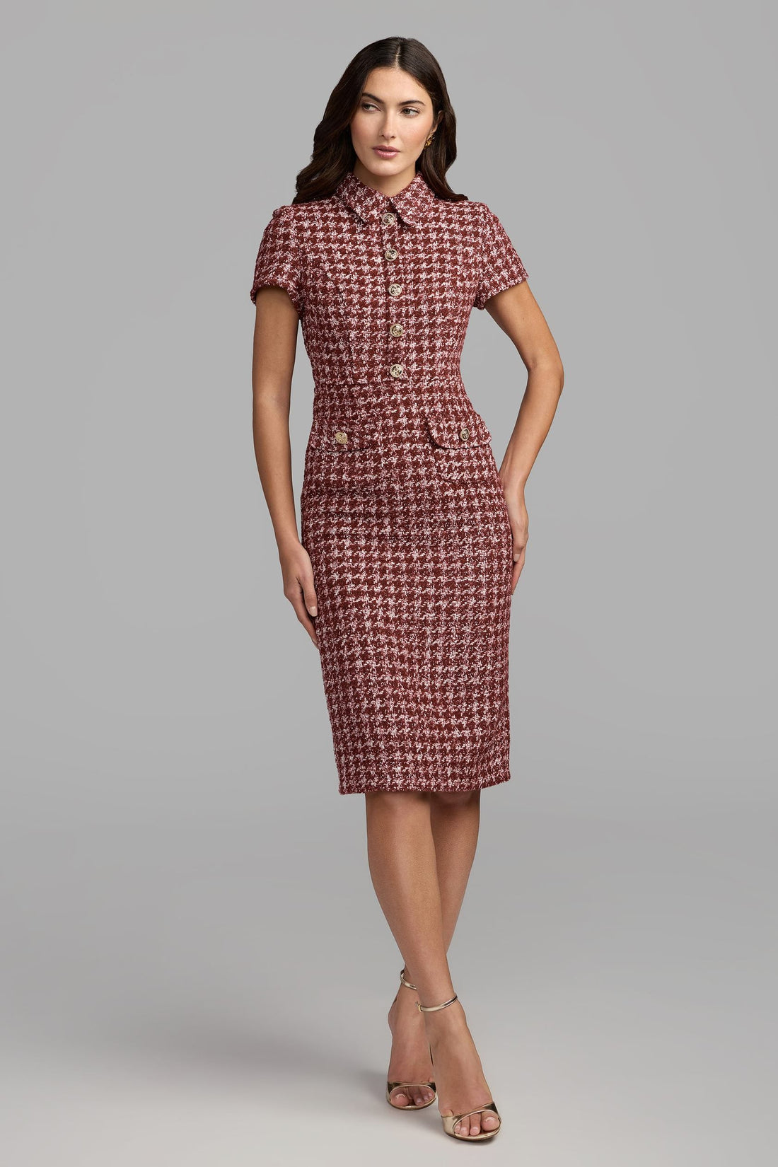 Mac Duggal 27867 – Tweed Sheath Dress with Buttons & Collar