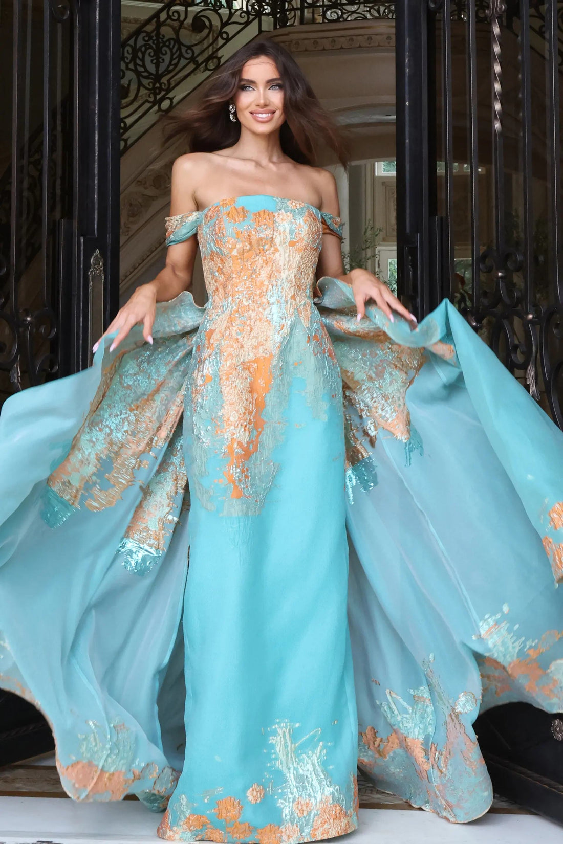 Jovani 54381 – Off-Shoulder A-Line Gown – Metallic