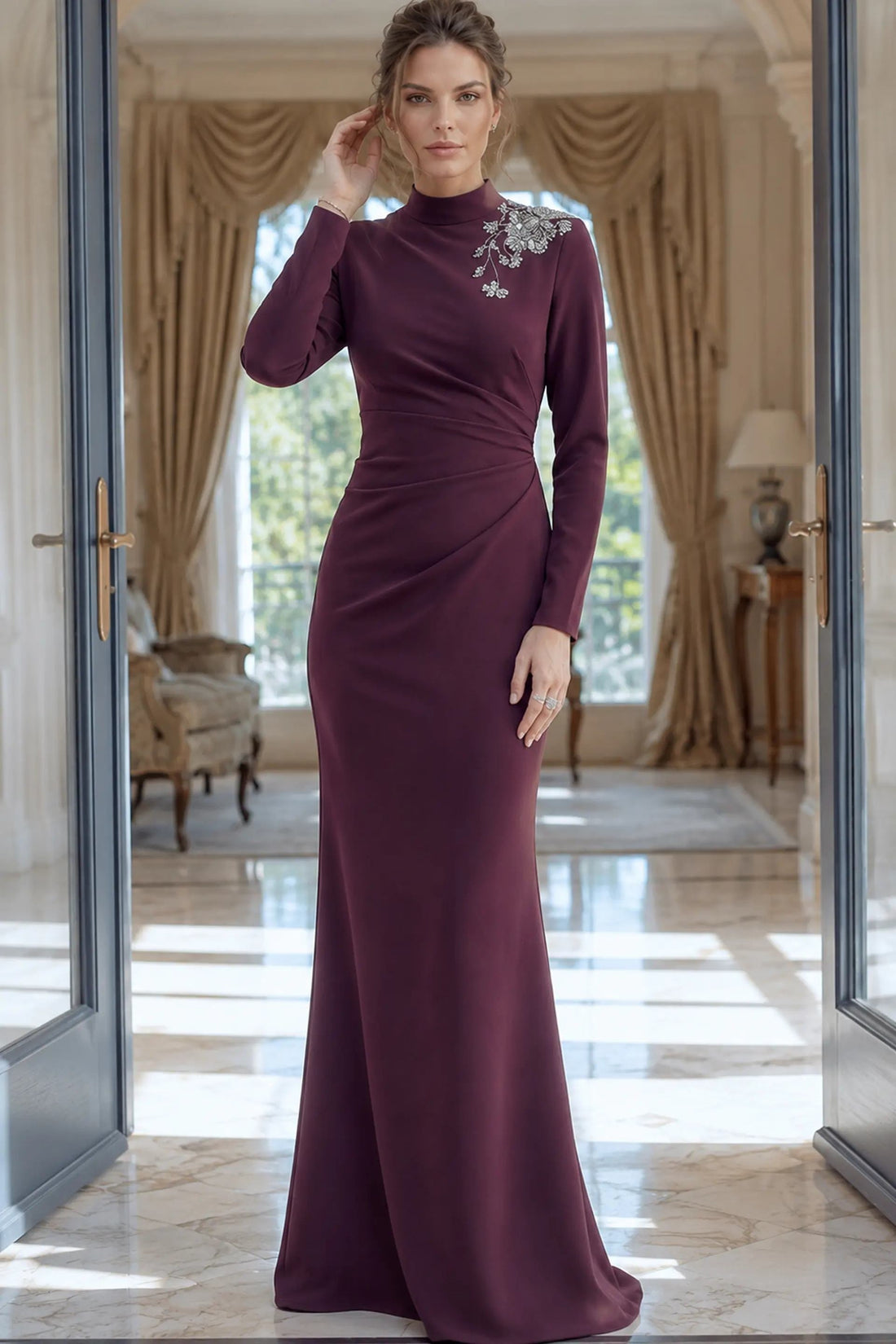 Jovani 51632 – Crepe Sheath Gown with Beaded Applique