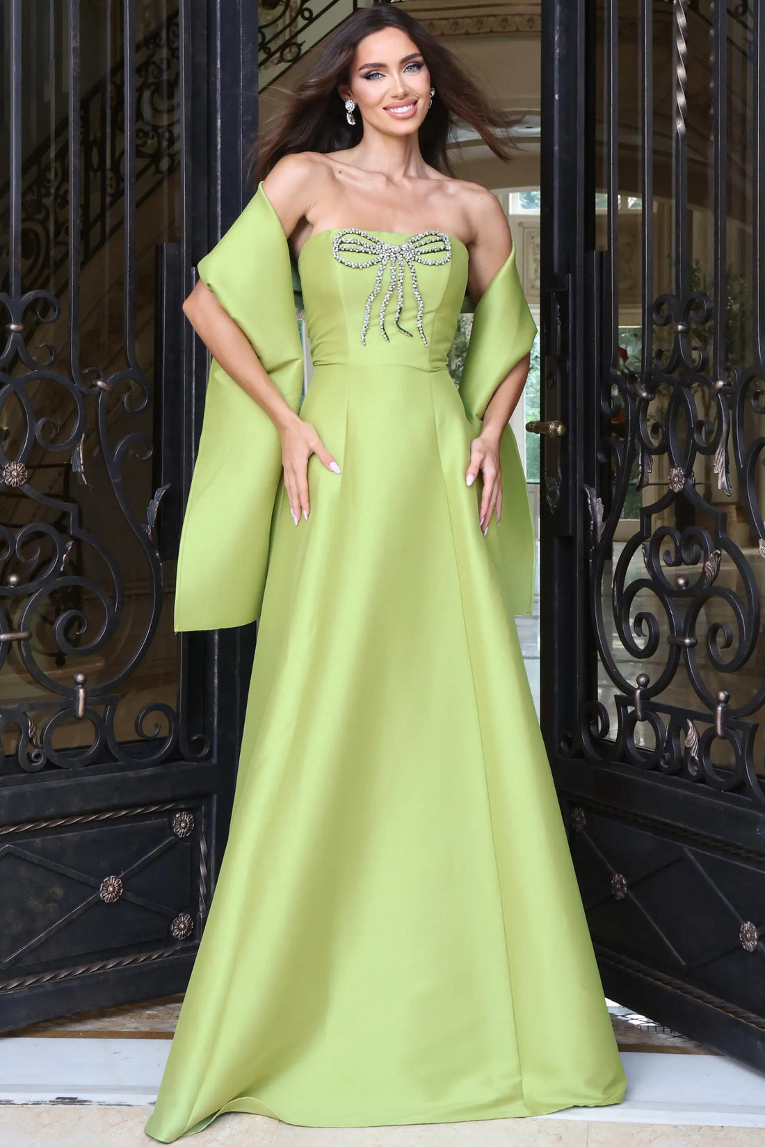 Jovani 53996 – Satin A-Line Gown with Beaded Bow