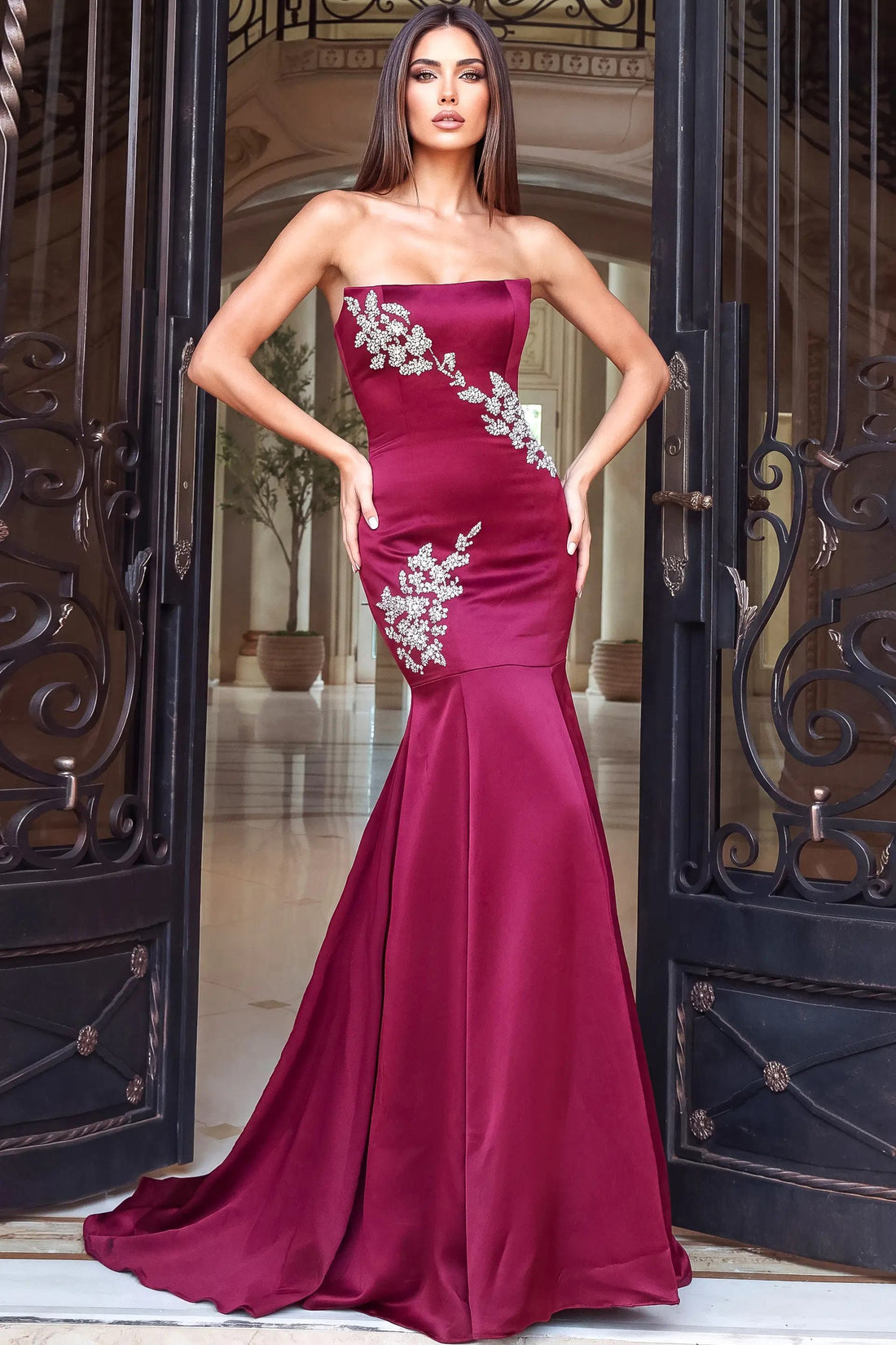 Jovani 54133 – Strapless Satin Mermaid Gown with Beaded Embroidery