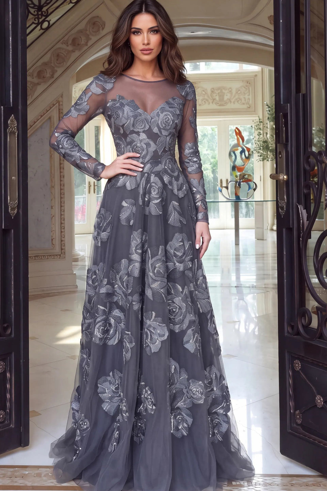 Jovani 52021 – A-Line Gown — Beaded Illusion Tulle