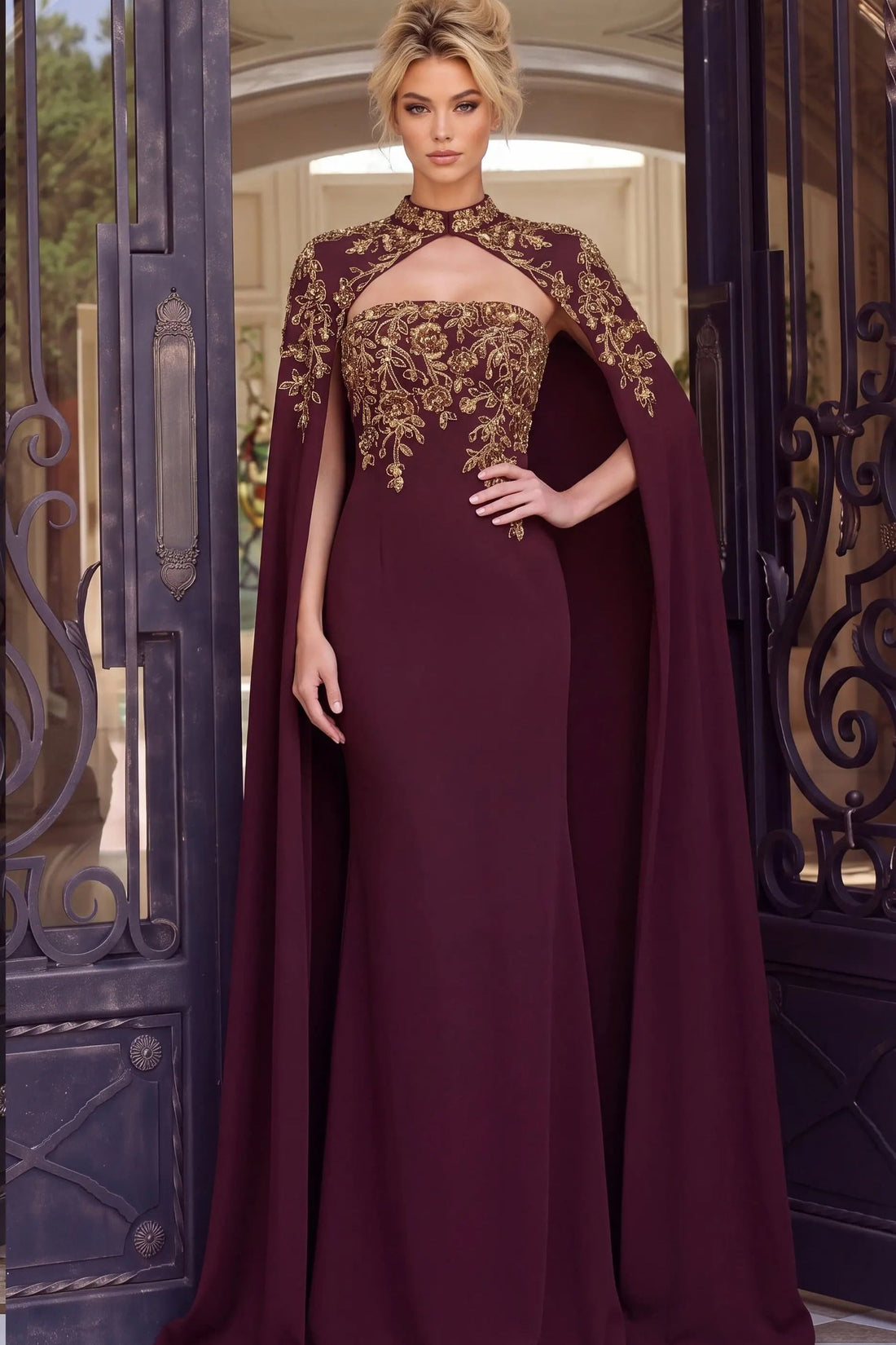 Jovani 45582 – Strapless A-Line Gown with Cape