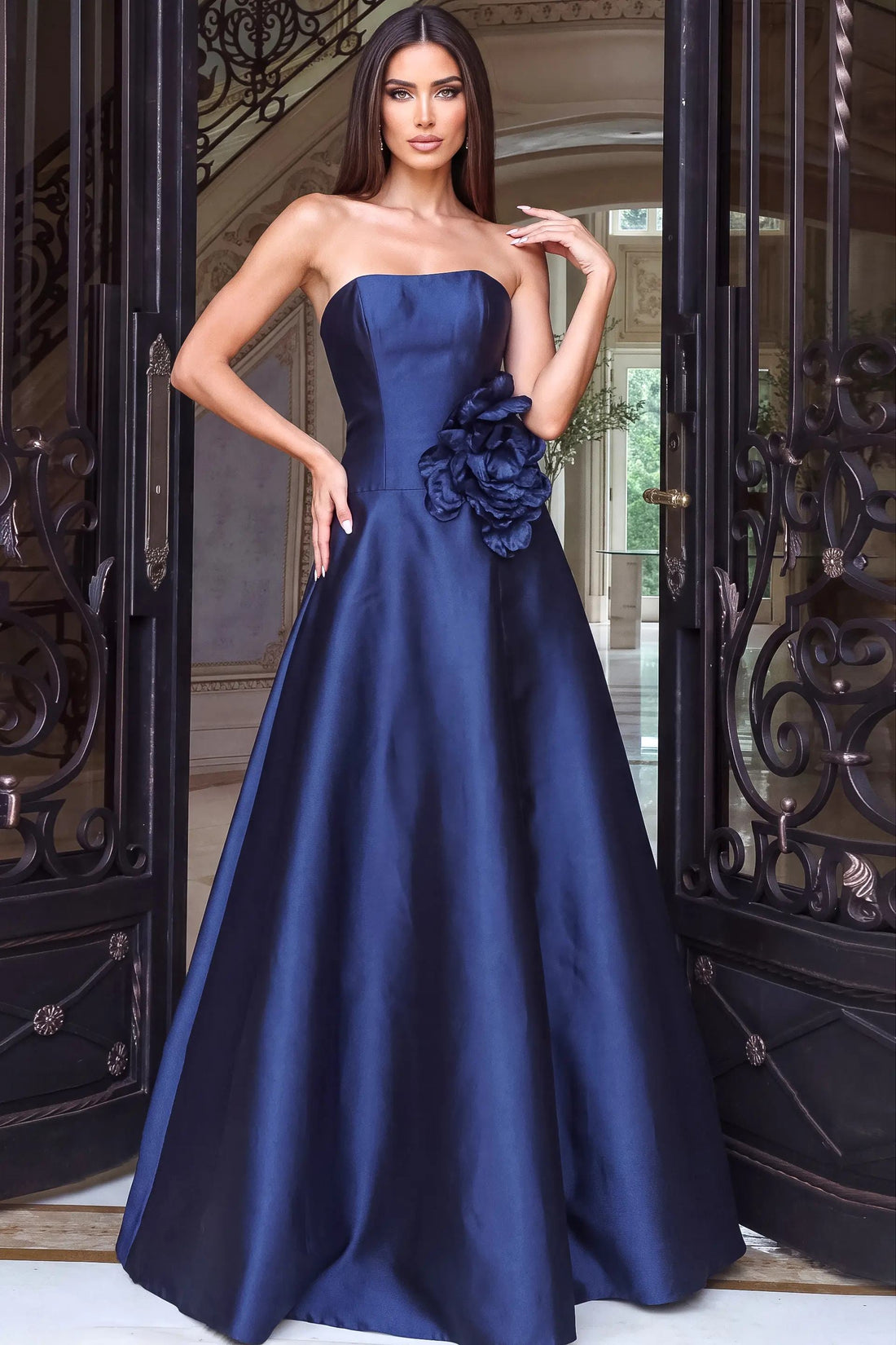 Jovani 53464 – Strapless Satin A-Line Gown with 3D Floral Detail