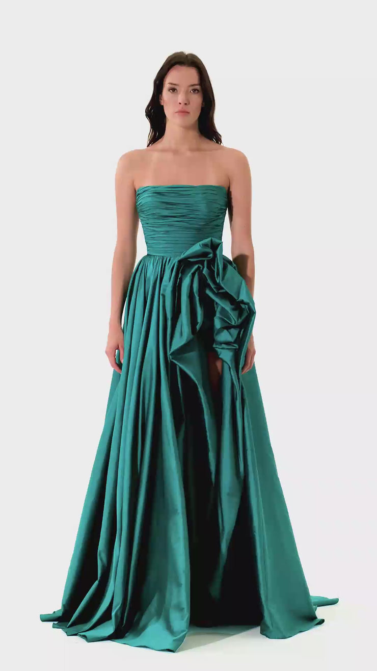 emerald green taffeta dress Tarik Ediz 52118 Taffeta A-Line Gown with Ruffles – Mydressline