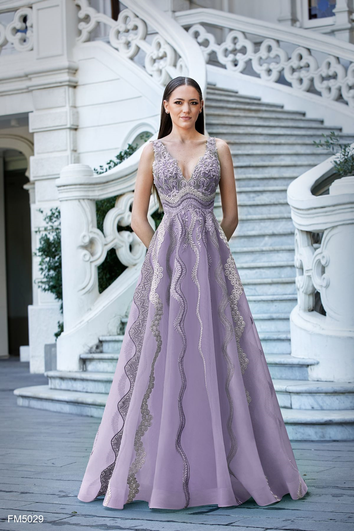 Azzure Couture FM5029 Organza Embroidery Long Dress - Elegant