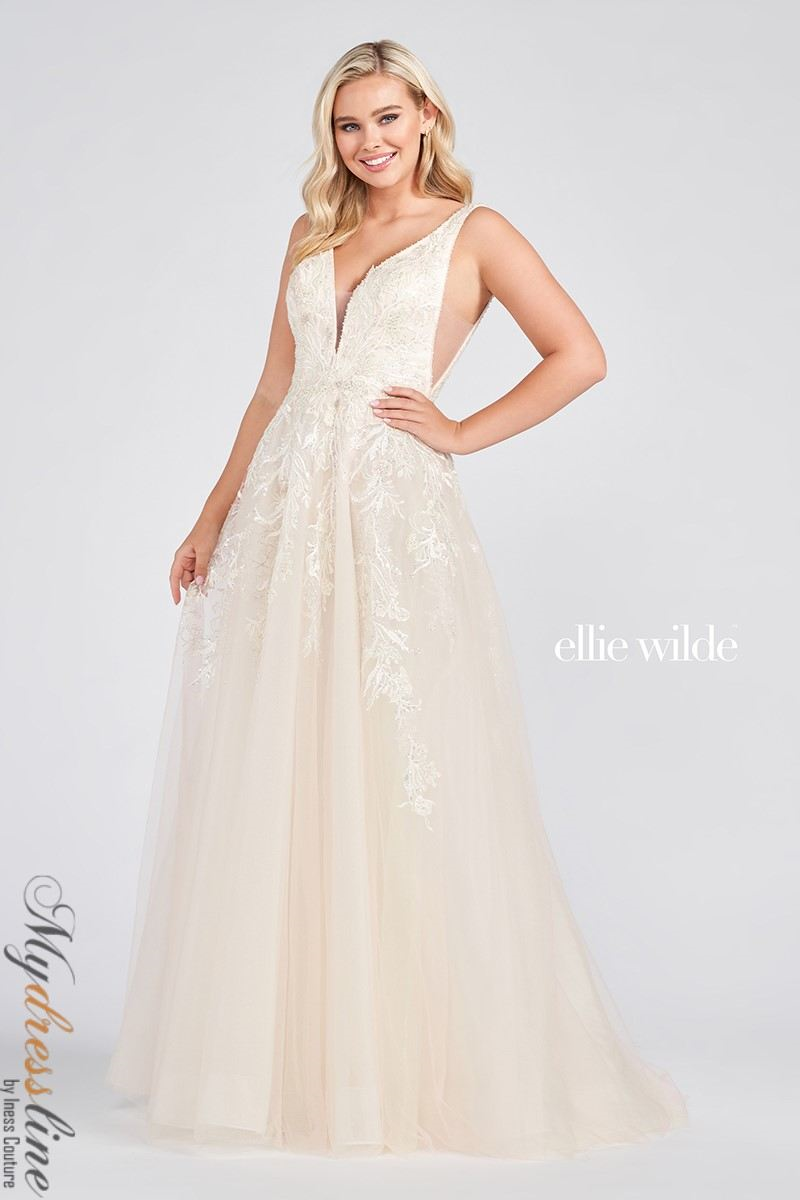 ellie wilde white prom dress Ellie Wilde EW36105 Size 12 White Mikado A Line Wedding Dress Drop Waist Scoop Neck Ballgown Prom Pageant Formal