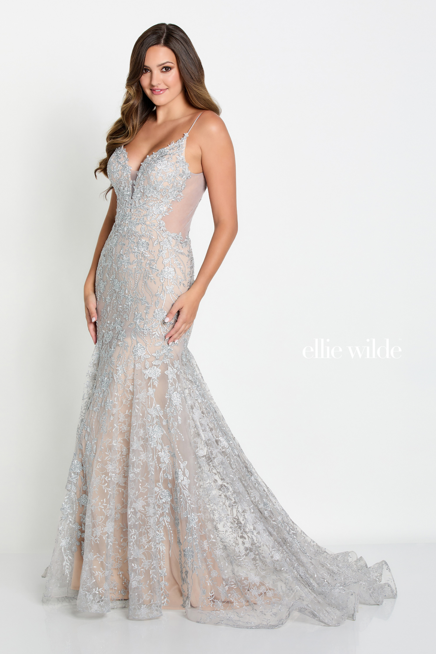 Ellie Wilde - EW119008 Plunging Lace Tiered Mermaid Gown main image 1
