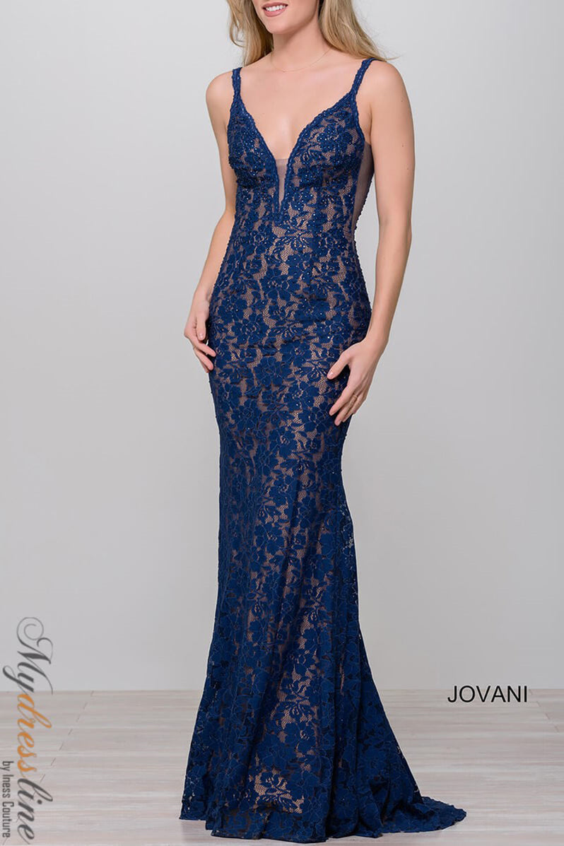 Jovani 48994 V Neck Lace Prom Dress Elegant Silhouette Mydressline