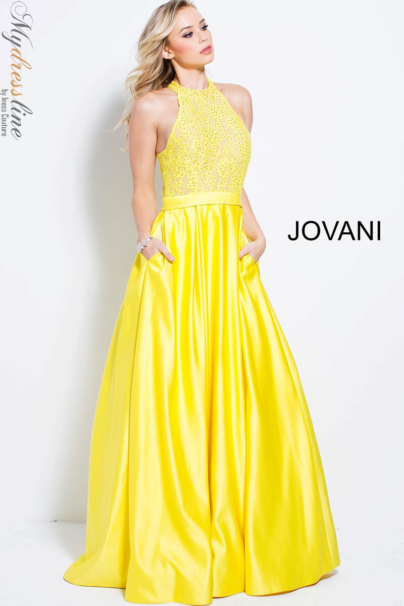 Jovani 57940 Elegant Yellow Halter Gown Mydressline Jovani 57940 Elegant Yellow Halter Gown Mydressline