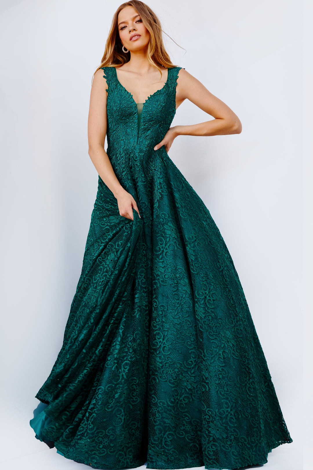 Jovani JVN09555 A Line Long Dress Luxury Lace Stones Mydressline