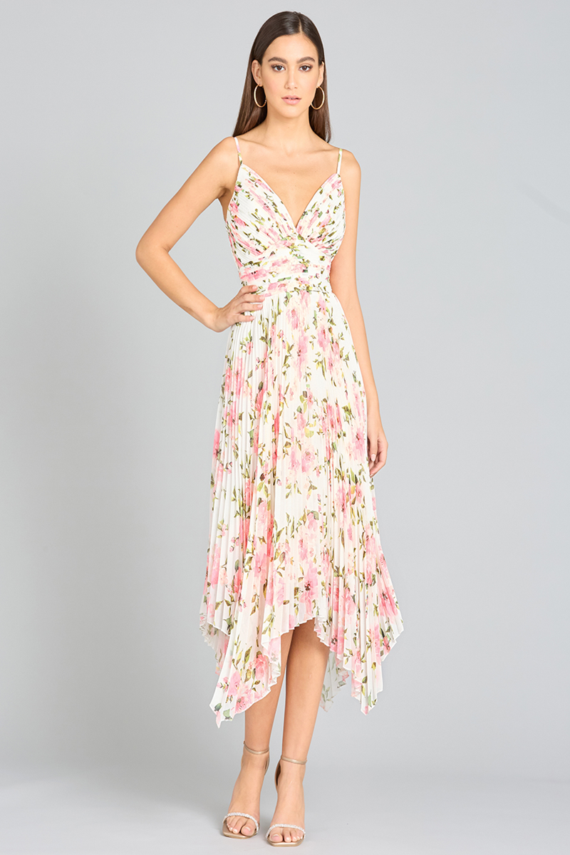 Elegant A-Line Chiffon Midi Dress with Pleating and Flower Accents Mydressline Elegant A-Line Chiffon Midi Dress with Pleating and Flower Accents Mydressline
