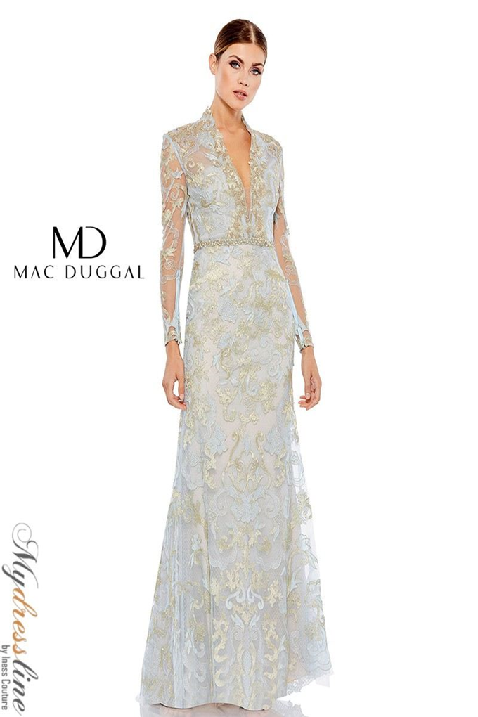 Mac Duggal Long Sleeve Applique V-Neck Gown Powder Blue, Size 0 Mac Duggal Long Sleeve Applique V-Neck Gown Powder Blue, Size 0