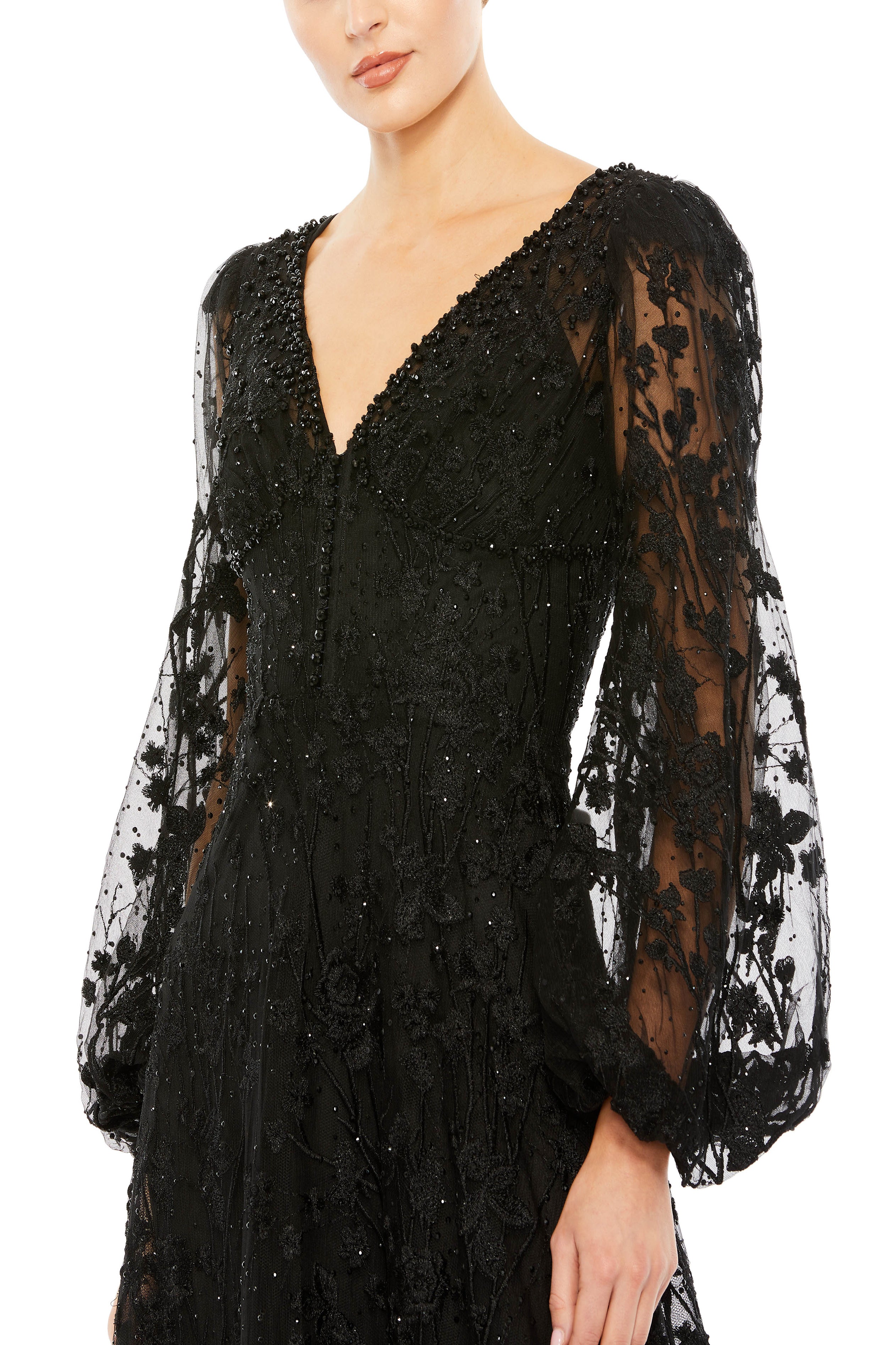 MAC DUGGAL オープンバック装飾 ネックライン カクテルドレス 黒 Mac Duggal 5530 Jewel Neck Illusion Sleeve Beaded Evening