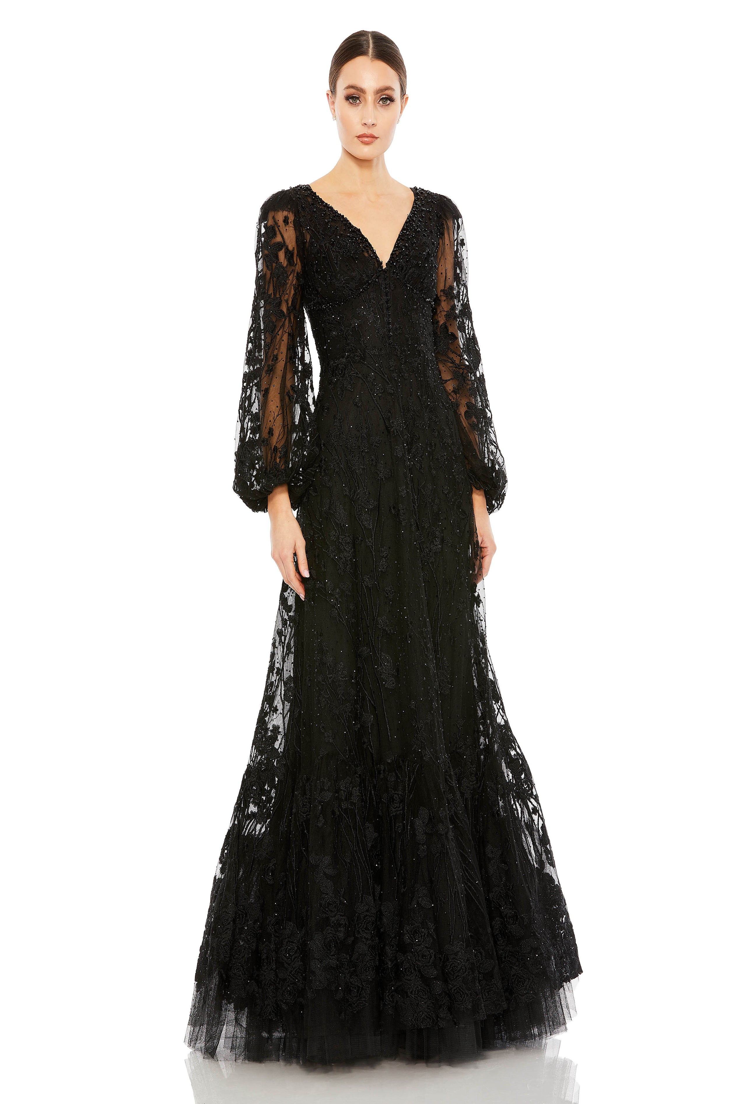 【Mac Duggal】Black☆エレガント 装飾 パフスリーブ MIDIドレス Black A-Line Shift Dress with Feather Trim - Mac Duggal