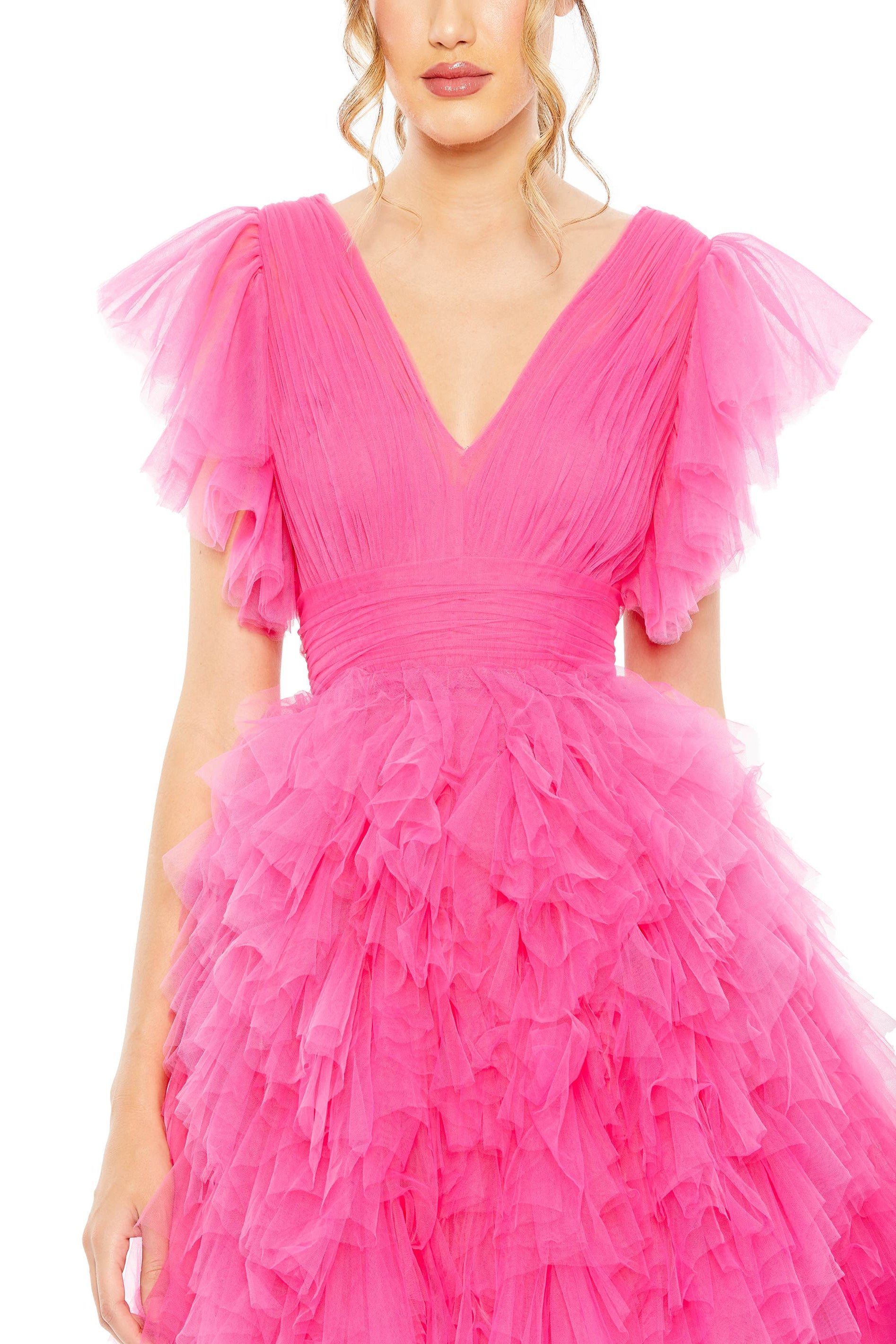 【Mac Duggal】Pink Ruffle V Neck Mini Dress 関税送料込 Mac Duggal V-Neck 3D Ruffle Shoulder Lace Back Chiffon A