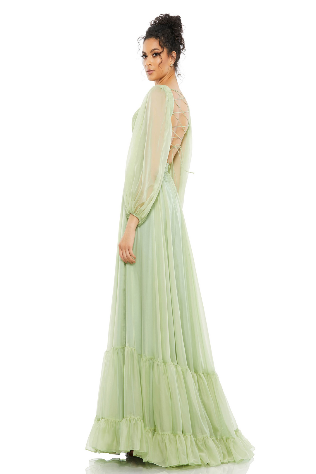 mac duggal gowns & formal dresses Mac Duggal - Green Embellished Long Sleeve Velvet Trim A-Line Midi Dress