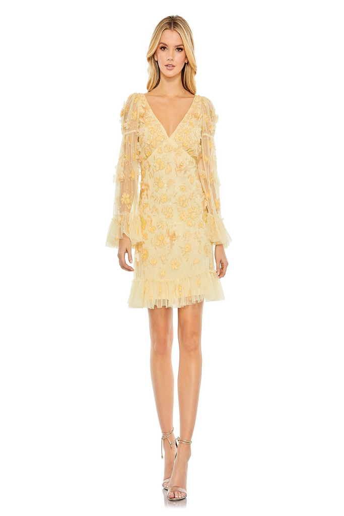 mac duggal long-sleeve jacquard shift mini dress Mac Duggal 9205 Mini Dress with Embroidered Ruffles – Mydressline