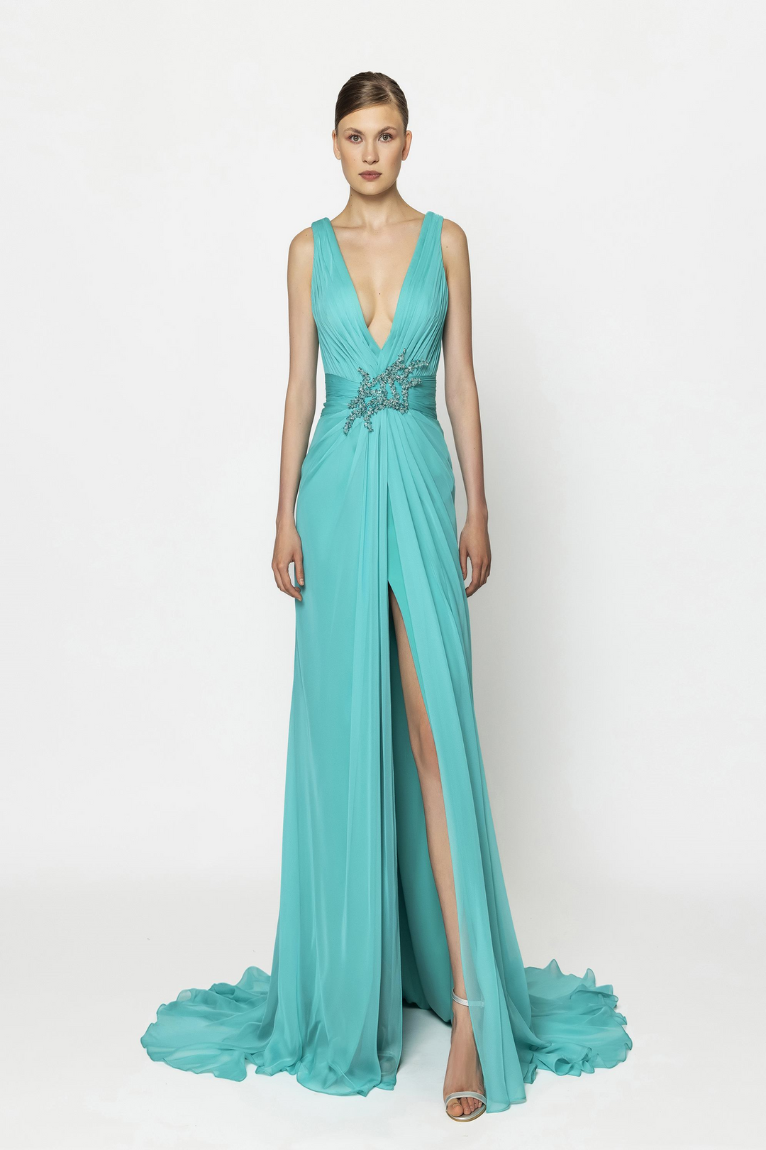 aqua v neck chiffon dress - exclusive R & M Richards Women's Metallic Knit Long Dress, 12