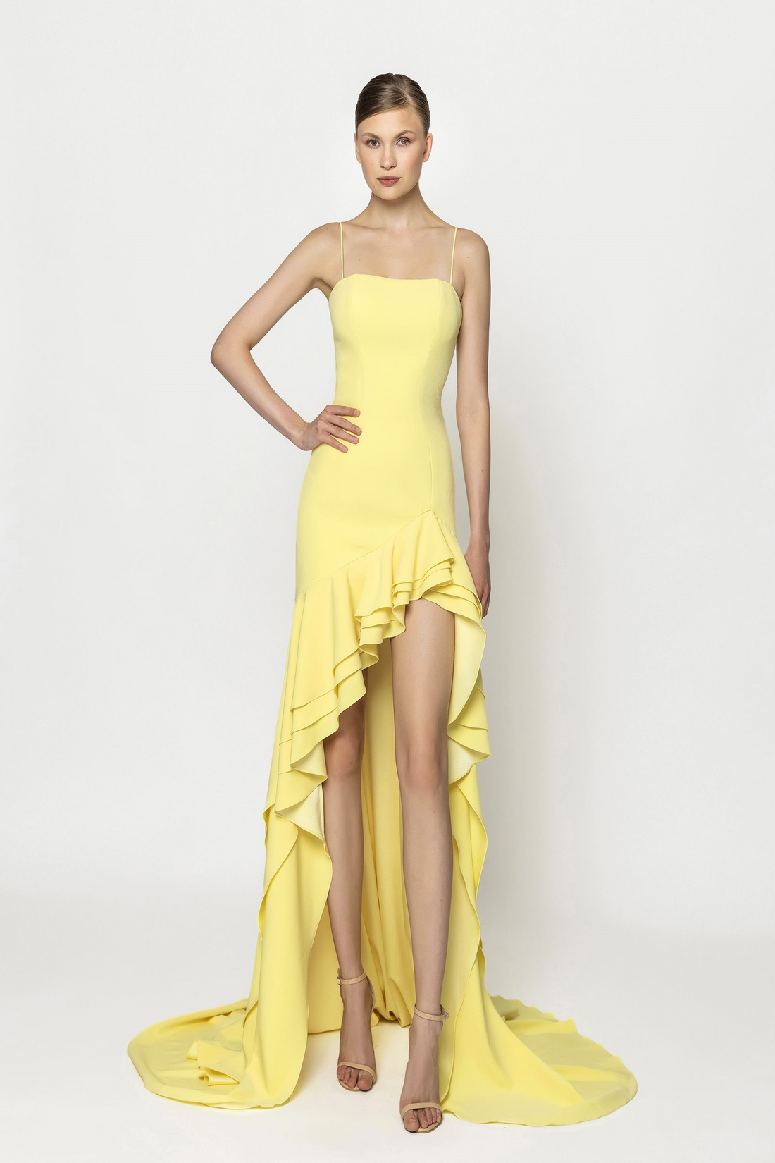 نجا سعاد RTW23-28 – RTW23-28 Crepe Dress - Elegant Asymmetrical Ruffled Skirt