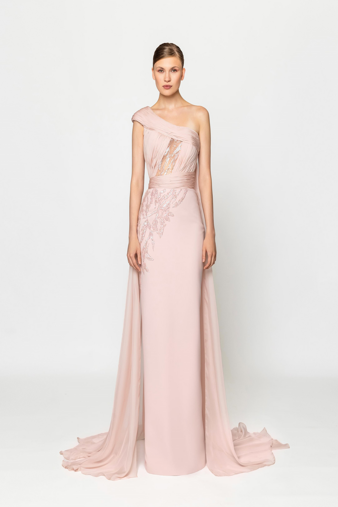Naja Saade RTW23-31 – One-Shoulder Beaded Chiffon Pink Dress