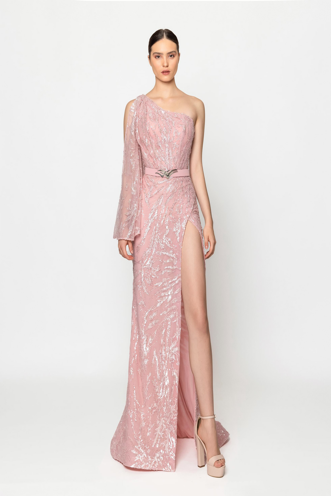 نجا ساد RTW23-32 – RTW23-32 Pink Beaded One Sleeve Long Dress