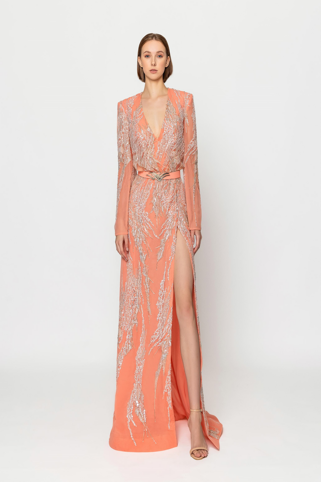 نجا ساد RTW23-33 – RTW23-33 Beaded Coral Dress with V-Neck