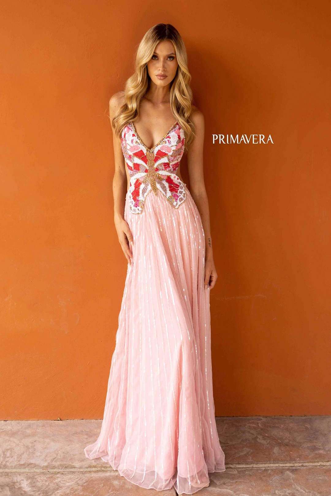 Primavera 3957 Beaded A-Line Evening Dress with Criss-Cross Back Mydressline Primavera 3957 Beaded A-Line Evening Dress with Criss-Cross Back Mydressline