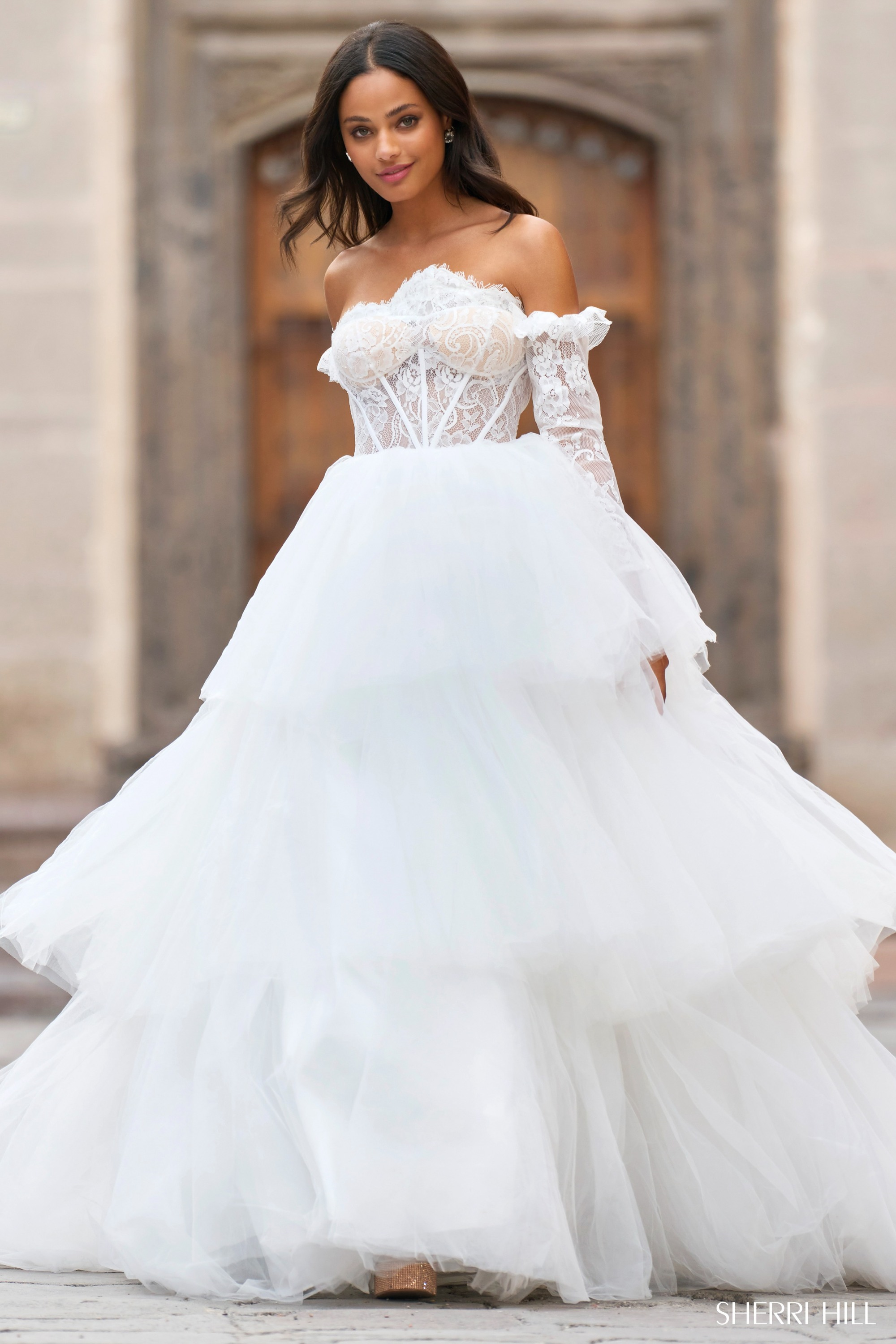 TULLE ASYMMETRY FRILL CAMISOLE アイボリー Sherri Hill 55437 Lace and Tulle A-Line Ball Gown – Mydressline